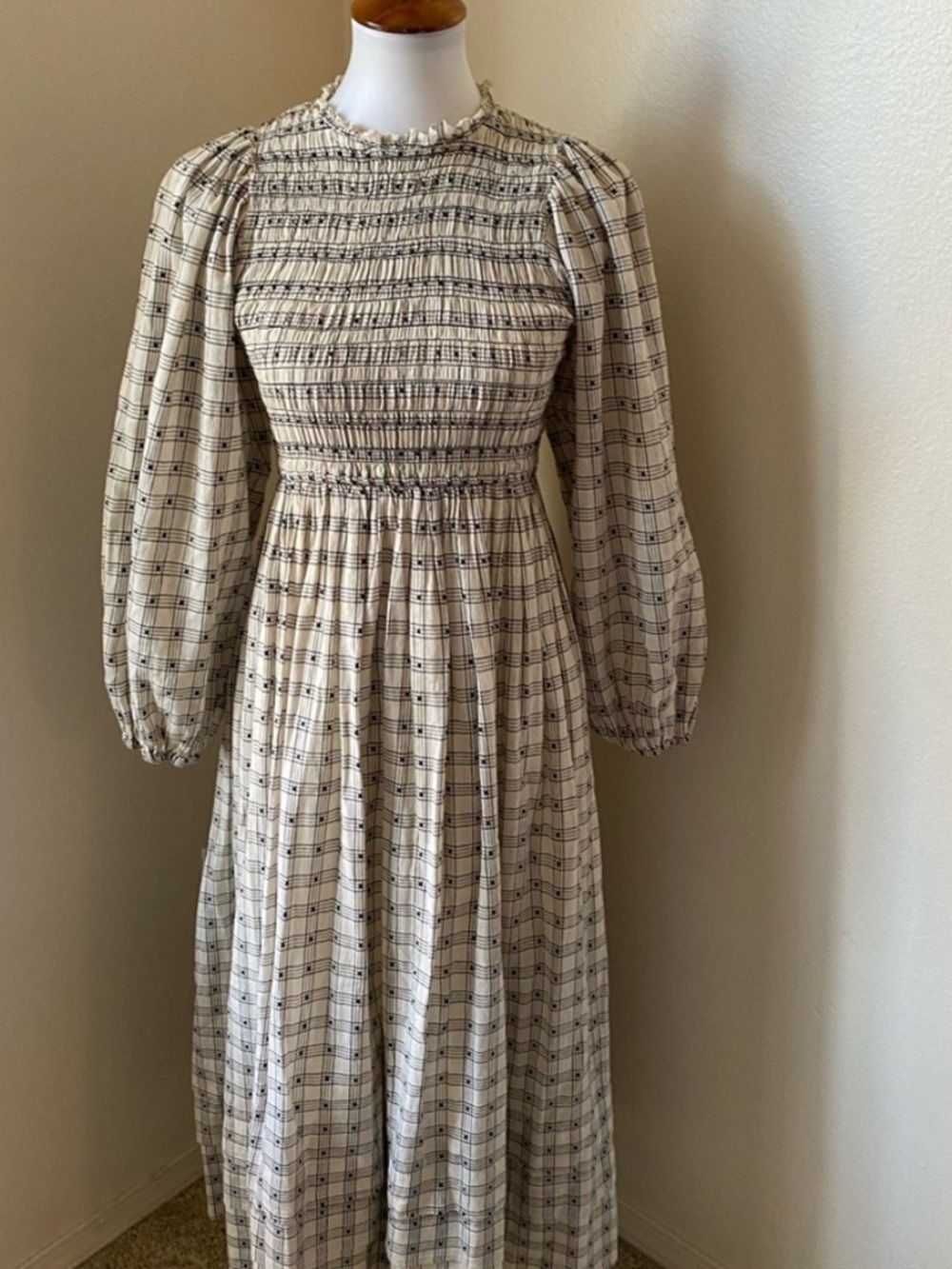 THE GREAT Plaid Midi Long Dress in White Cream Black Cottage core Hill house - Picture 3 of 10